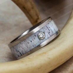 Deer Antler Wedding Band With Bezel Set Diamond