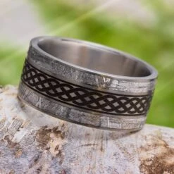 Men's Celtic Knot Wedding Band With Meteorite And Brushed Finish