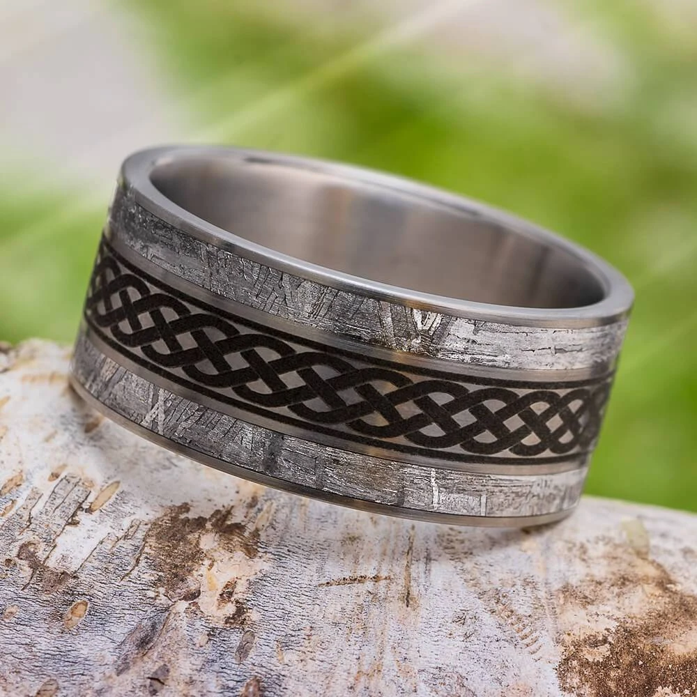 Men's Celtic Knot Wedding Band With Meteorite And Brushed Finish 3 Men's Celtic Knot Wedding Band With Meteorite And Brushed Finish