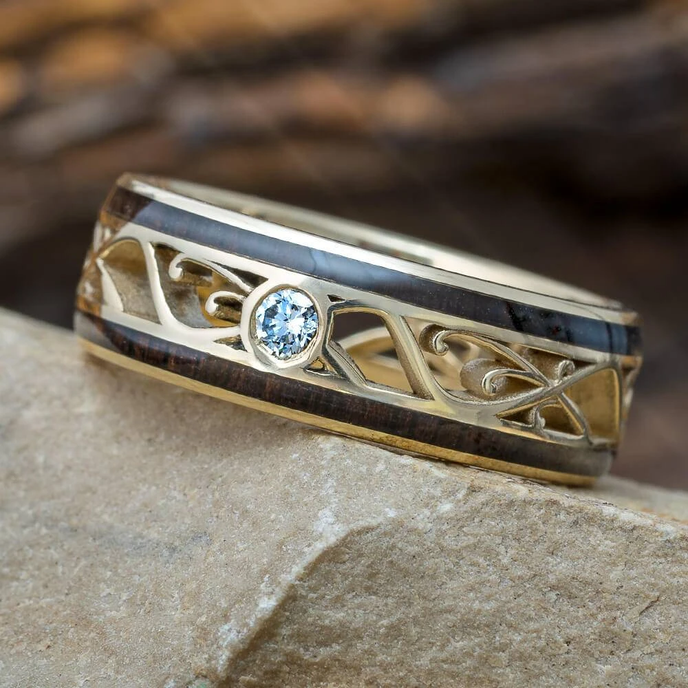 Art Nouveau Wedding Band, Diamond & Wood Ring 3 Art Nouveau Wedding Band, Diamond & Wood Ring