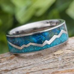 Blue Wedding Band With Turquoise And Wood With Zig Zag Pattern