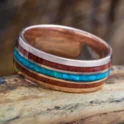 Men's Wood And Opal Wedding Band, Unique Blue Ring For Him