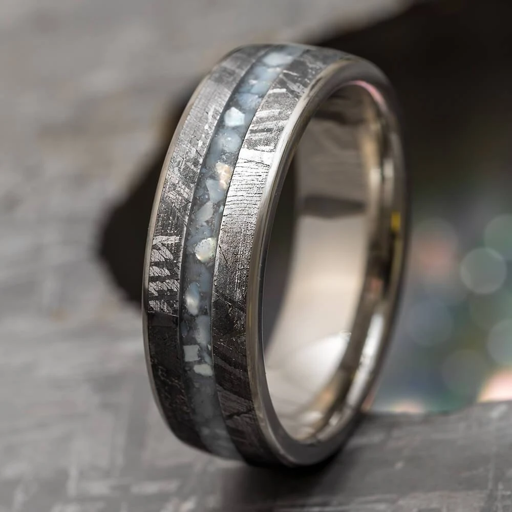 Meteorite Wedding Band With Crushed Mother Of Pearl 3 Meteorite Wedding Band With Crushed Mother Of Pearl