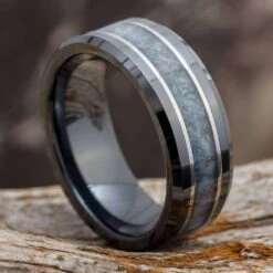 Black Ring With Crushed Dinosaur Bone And Titanium Pinstripes