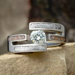 Tension Set Engagement Ring With Meteorite And Dinosaur Bone