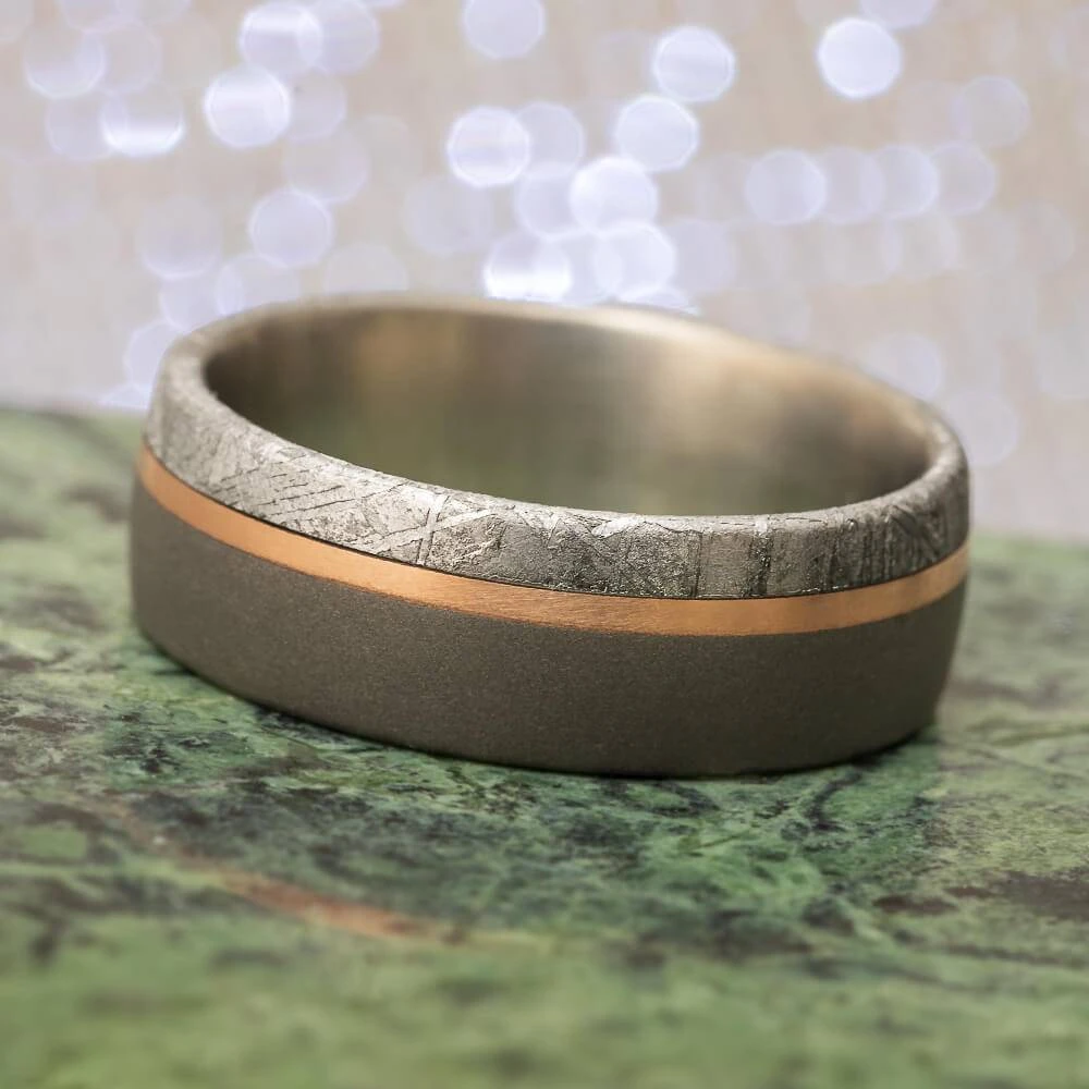 Meteorite & Sandblasted Titanium Ring With Gold Pinstripe 3 Meteorite & Sandblasted Titanium Ring With Gold Pinstripe