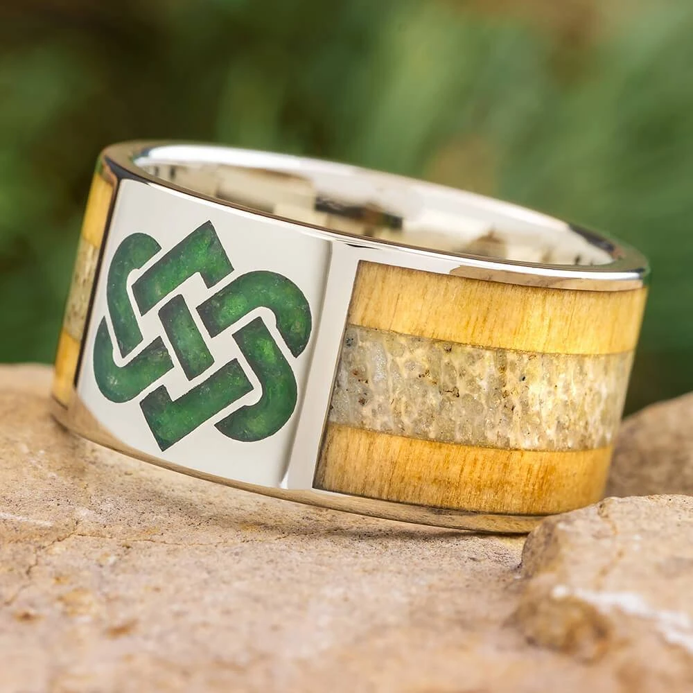 White Gold Celtic Knot Ring With Antler And Crushed Birthstones 3 White Gold Celtic Knot Ring With Antler And Crushed Birthstones