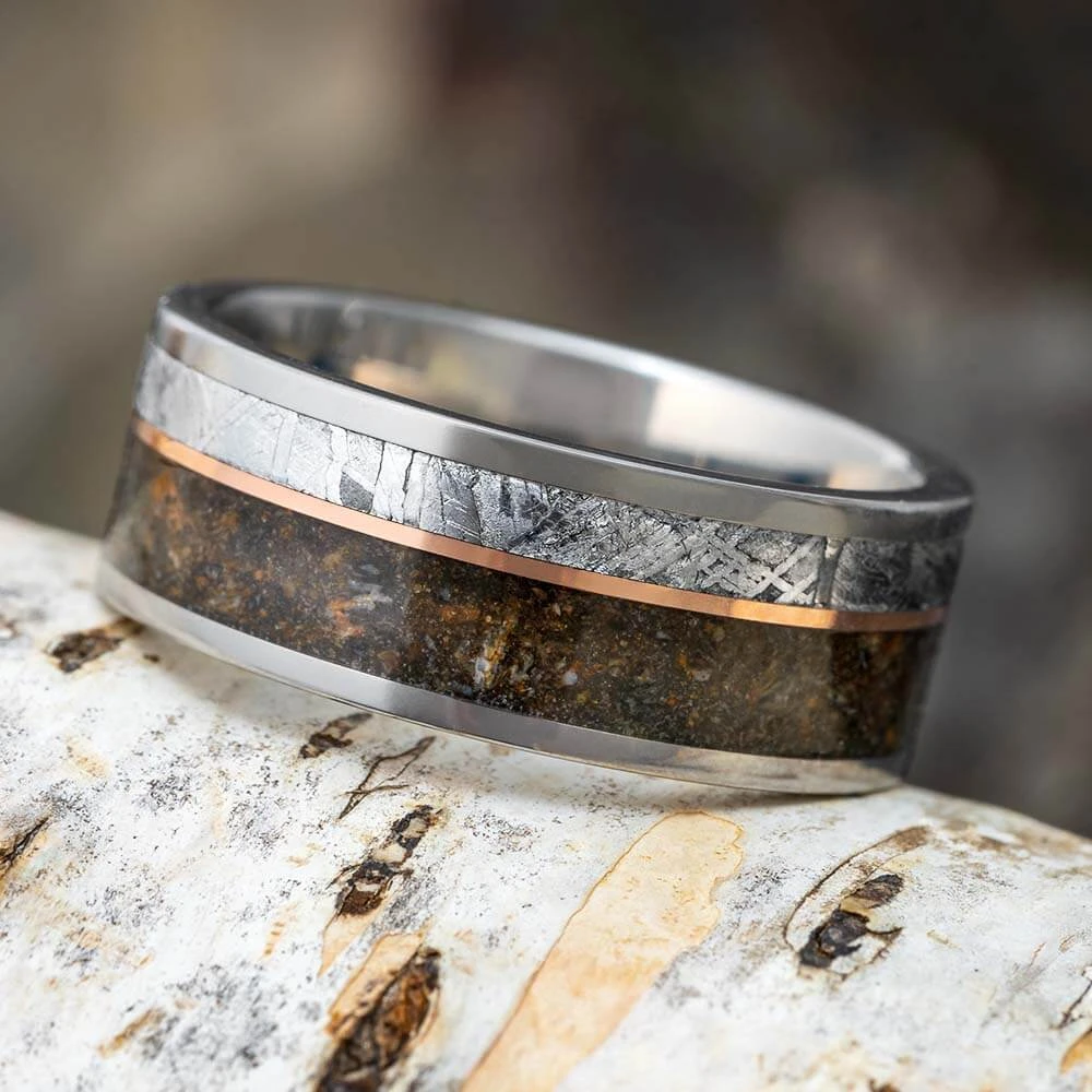 Titanium Ring With Meteorite, Dinosaur Bone And Rose Gold Pinstripe 4 Titanium Ring With Meteorite, Dinosaur Bone And Rose Gold Pinstripe - Image 2