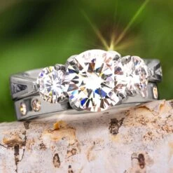 Large Three Stone Moissanite Ring With Matching Band, Bridal Set