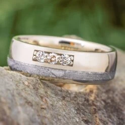 Three Stone Wedding Band For Men With Meteorite