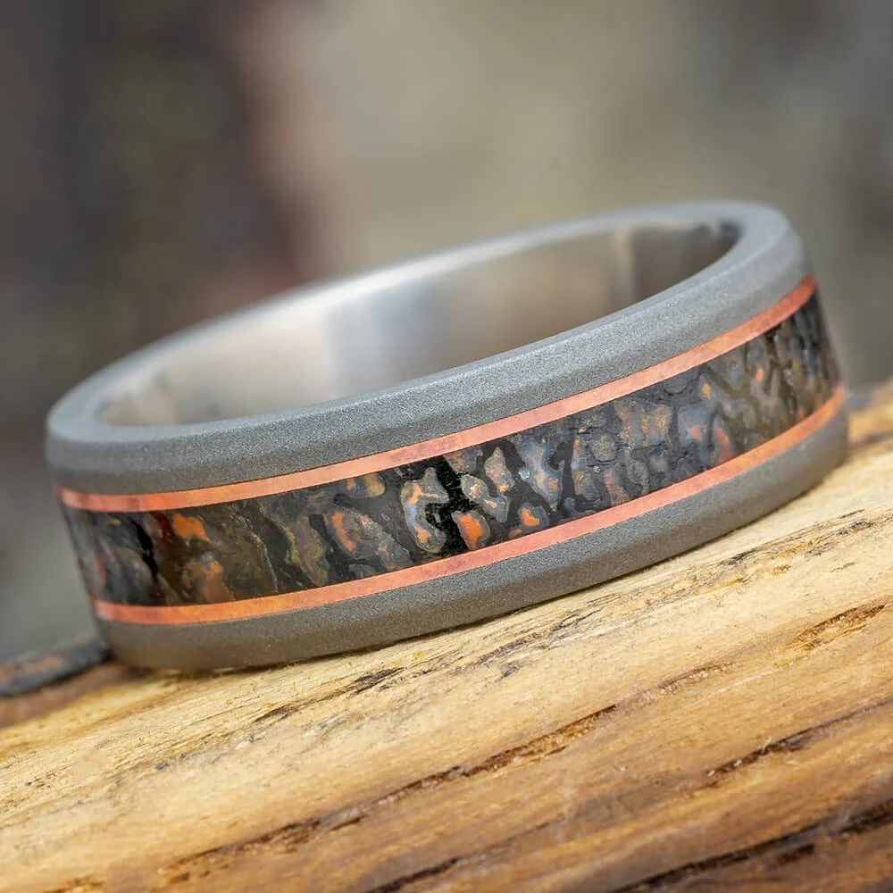 Dinosaur Bone Men's Wedding Band With Copper Pinstripes 3 Dinosaur Bone Men's Wedding Band With Copper Pinstripes