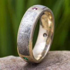 Gemstone & Meteorite Wedding Band, Three Stone Ring