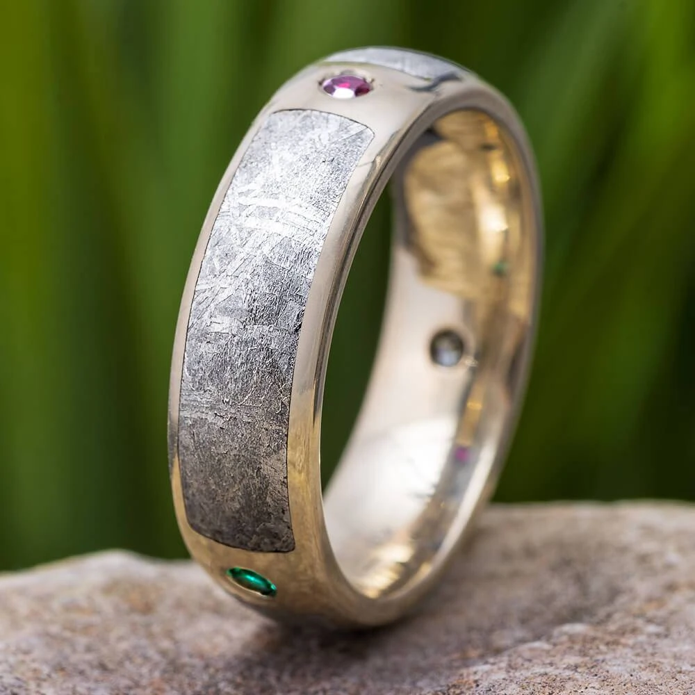 Gemstone & Meteorite Wedding Band, Three Stone Ring 3 Gemstone & Meteorite Wedding Band, Three Stone Ring