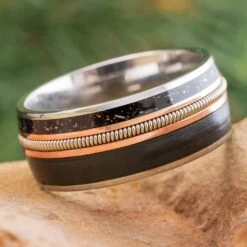 Guitar String Wedding Band With Vinyl LP Record, Stardust, And Rose Gold
