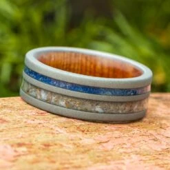 Men's Wedding Band With Dinosaur Bone & Sea Glass