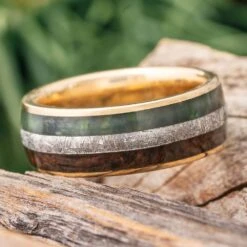 Meteorite, Fossil, & Jade Wedding Band In Yellow Gold