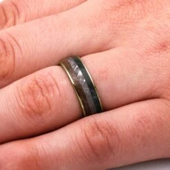 Meteorite, Fossil, & Jade Wedding Band In Yellow Gold -Johan Jewelry Shop E5191YGHandshot