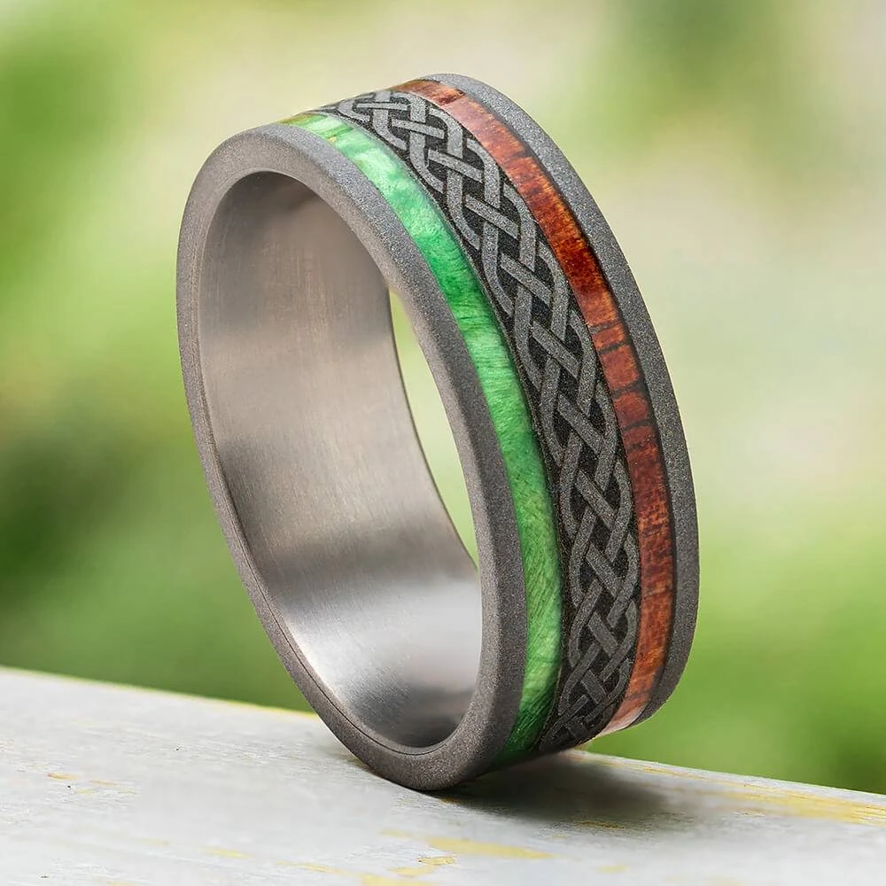Men's Wedding Band With Celtic Engraving & Wood 3 Men's Wedding Band With Celtic Engraving & Wood