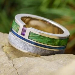 Men's Wedding Ring With Meteorite & Colored Woods