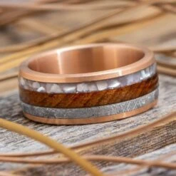 Redwood And Rose Gold Wedding Band With Meteorite And Pearl