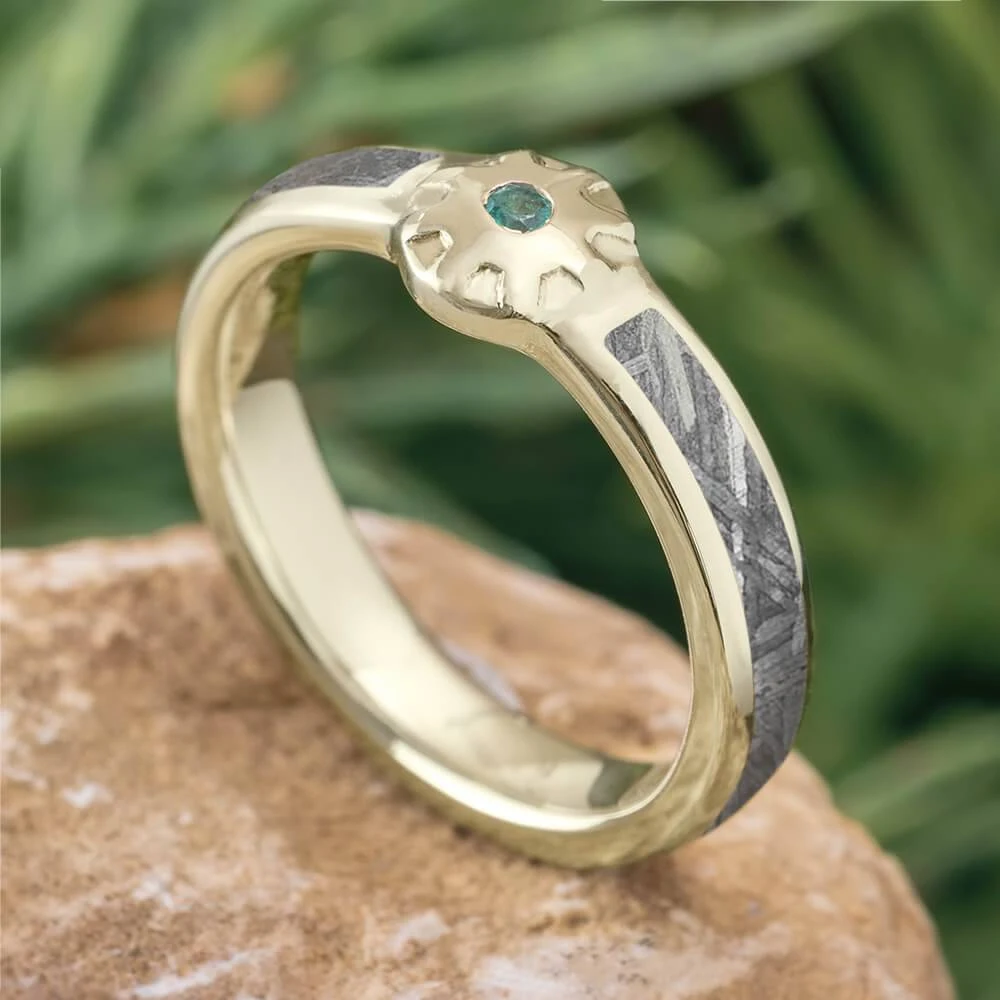 Mechanical Engagement Ring With Meteorite And Emerald 3 Mechanical Engagement Ring With Meteorite And Emerald