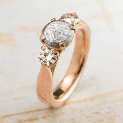 Three Stone Engagement Ring With Gibeon Meteorite In Rose Gold
