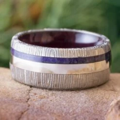 Platinum And Damascus Ring With Purple Heart Wood And Amethyst