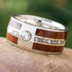 Pearl Wedding Ring In Silver With Rosewood And Moissanite Stone