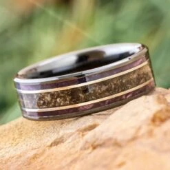 Violet Wood & Dinosaur Bone Wedding Band In Black Ceramic