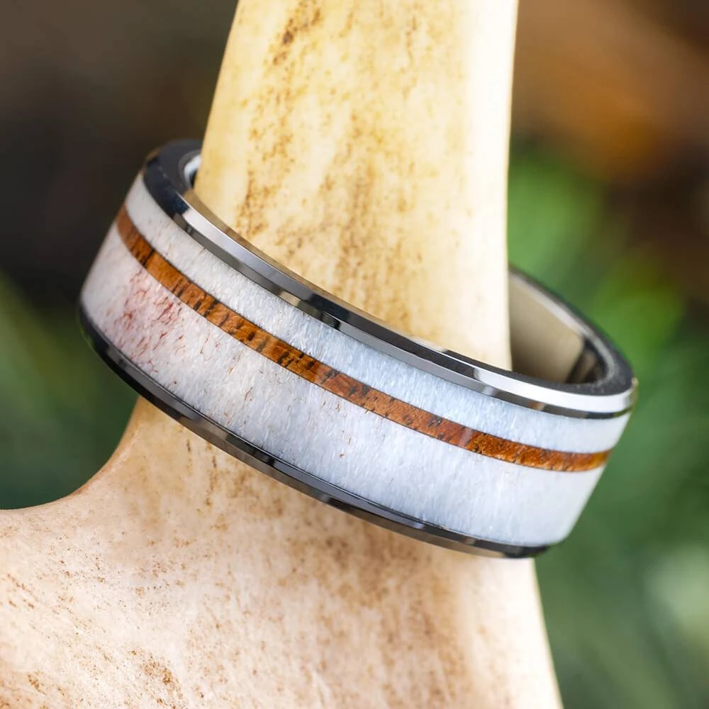 Walnut Wood And Deer Antler Wedding Band In Black Ceramic 3 Walnut Wood And Deer Antler Wedding Band In Black Ceramic