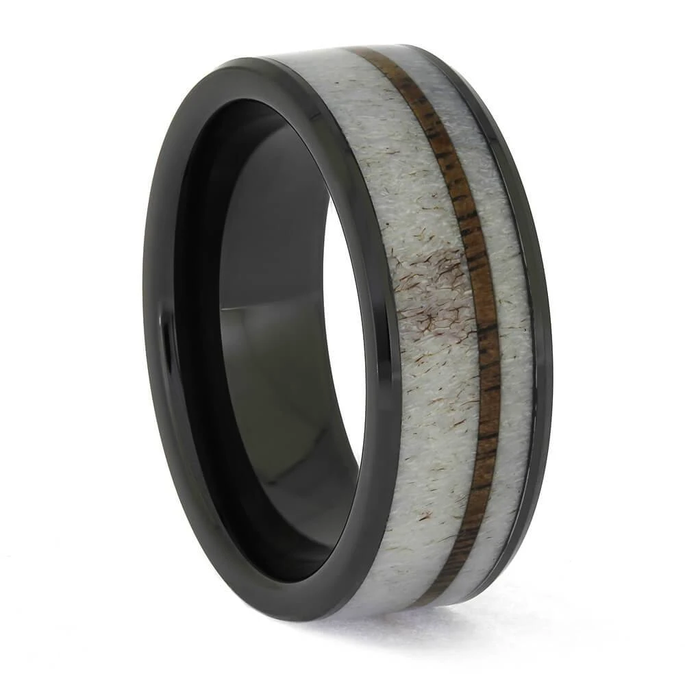 Walnut Wood And Deer Antler Wedding Band In Black Ceramic 4 Walnut Wood And Deer Antler Wedding Band In Black Ceramic - Image 2