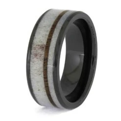 Walnut Wood And Deer Antler Wedding Band In Black Ceramic 11 Walnut Wood And Deer Antler Wedding Band In Black Ceramic -Johan Jewelry Shop E5361 3