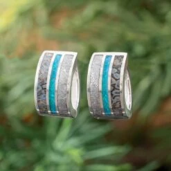 Meteorite And Dinosaur Bone Huggie Earrings With Opal Inlay
