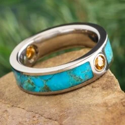 Turquoise And Orange Sapphire Wedding Band For Men