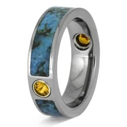 Turquoise And Orange Sapphire Wedding Band For Men -Johan Jewelry Shop E5368TI 3