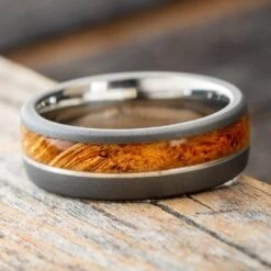 Cherry Burl Wood Wedding Band With Sandblasted Titanium