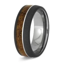 Cherry Burl Wood Wedding Band With Sandblasted Titanium -Johan Jewelry Shop E5378TI 3