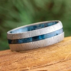 Damascus Wedding Band With Meteorite And Blue Wood