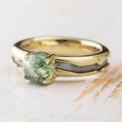 Meteorite And Moss Agate Engagement Ring In White Gold