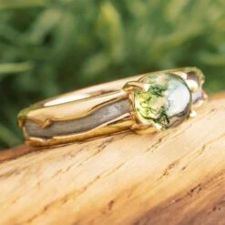 Moss Agate Engagement Ring With Meteorite In Solid Gold
