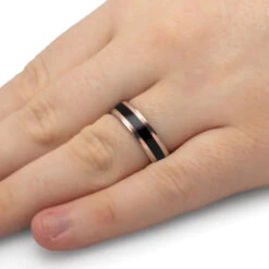 African Blackwood Wedding Band With Rose Gold Pinstripes 13 African Blackwood Wedding Band With Rose Gold Pinstripes -Johan Jewelry Shop E5427TIHandshotRG