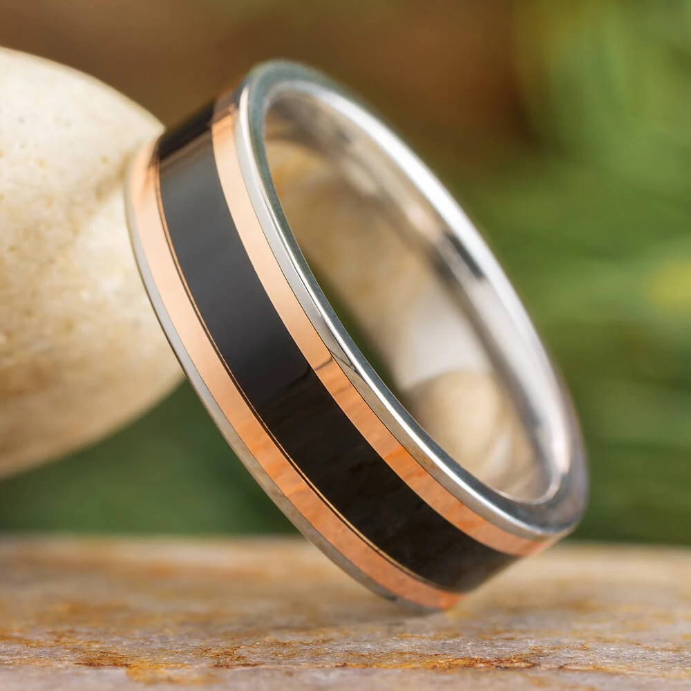 African Blackwood Wedding Band With Rose Gold Pinstripes 3 African Blackwood Wedding Band With Rose Gold Pinstripes