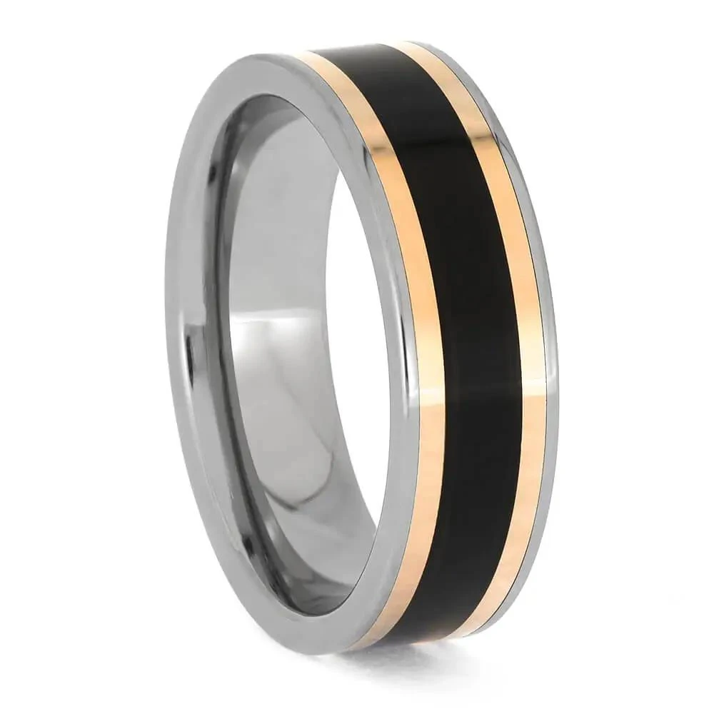 African Blackwood Wedding Band With Rose Gold Pinstripes 4 African Blackwood Wedding Band With Rose Gold Pinstripes - Image 2