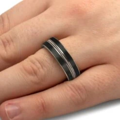 Vinyl Record, Guitar String, And Whiskey Barrel Ring With Fossil Inlay -Johan Jewelry Shop E5428TIHandshot