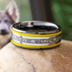 Black Ceramic Memorial Ring With Yellow Enamel Pinstripes