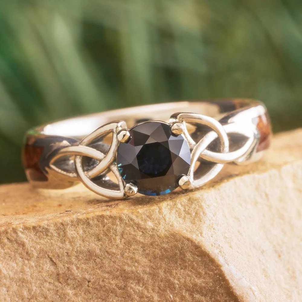 Wooden Celtic Engagement Ring With Trinity Knots And Dark Blue Sapphire 3 Wooden Celtic Engagement Ring With Trinity Knots And Dark Blue Sapphire