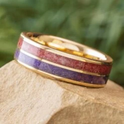 Twin Birthstone Ring With Ruby And Amethyst In Yellow Gold