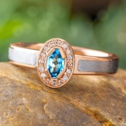 Meteorite Engagement Ring With Topaz And Halo In Rose Gold