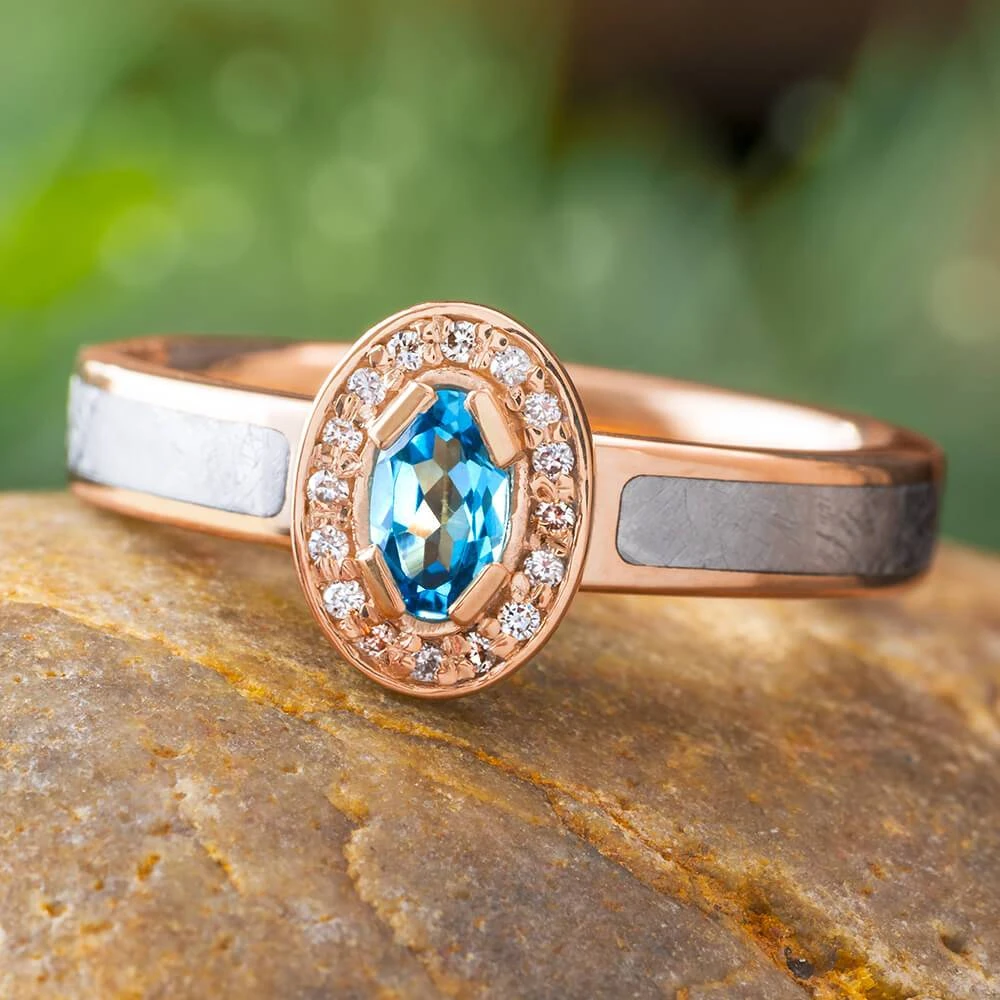 Meteorite Engagement Ring With Topaz And Halo In Rose Gold 3 Meteorite Engagement Ring With Topaz And Halo In Rose Gold