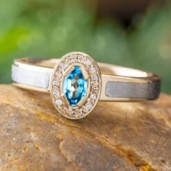 White Gold Halo Engagement Ring With Meteorite And Topaz
